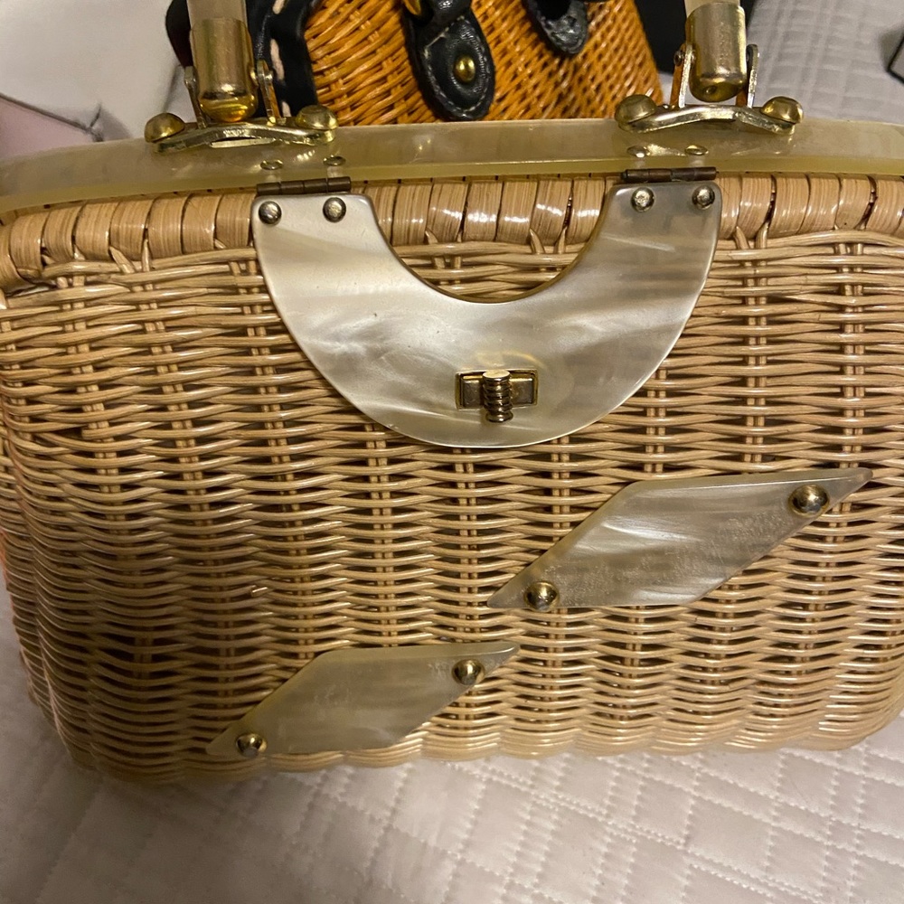 Woven coated straw handbag